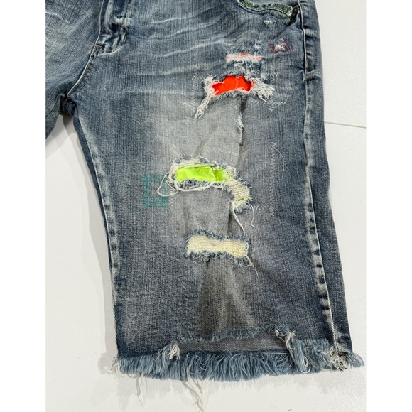 SMOKE RISE Denim Shorts Men Size 46 Distressed Neon Patch Frayed Hem 100 - Picture 12 of 12